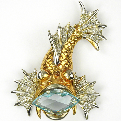 MB Boucher Gold Pave and Giant Aquamarine Navette Rock Fish Pin
