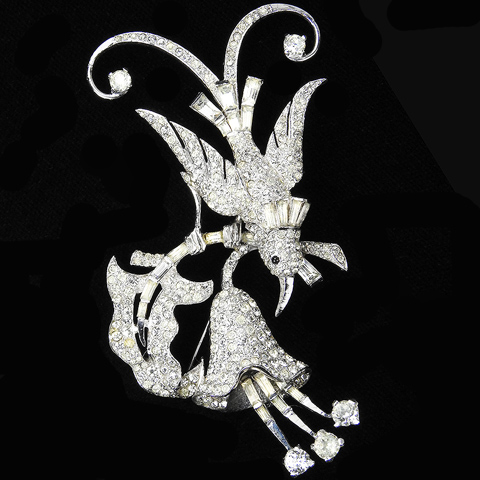 MB Boucher Pave and Baguettes Lyre Bird Perching on a Branch with Trembler Bell Flower Pin