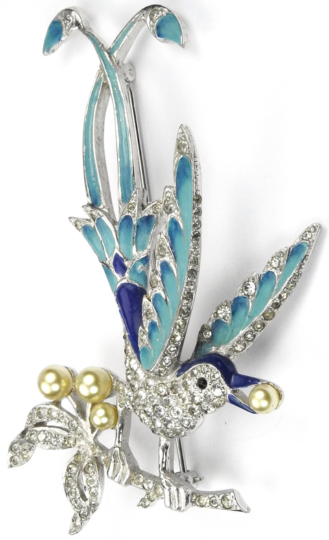 MB Boucher Pave Pearls and Blue Enamel Perching Lyre Bird on a Branch Pin