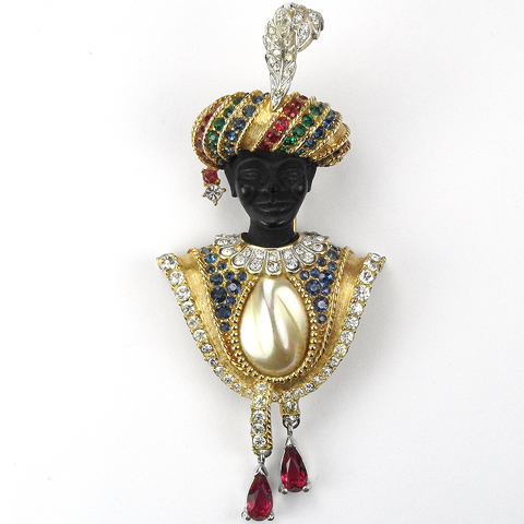 Boucher Blackamoor with Turban Inset Pearl and Ruby Pendants Pin Clip