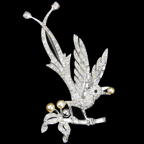 MB Boucher Pave and Baguettes Lyre Bird on a Branch Eating a Pearl Berry Pin