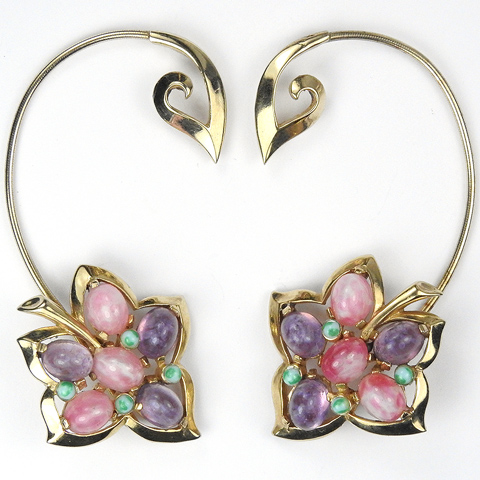 Boucher Gold Pink Quartz Amethyst and Jade Ivy Leaf Over the Ear Earrings