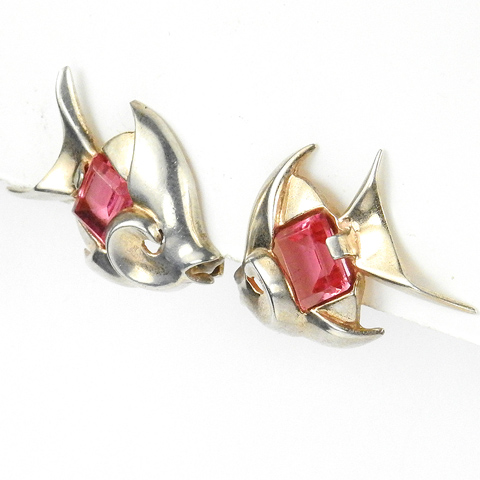 MB Boucher Sterling Gold and Square Cut Pink Topaz Angelfish Clip Earrings