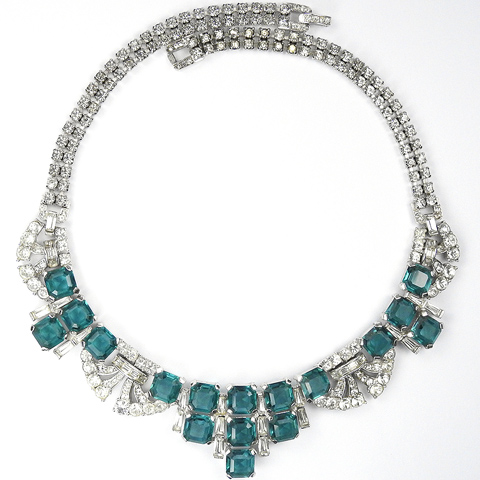 Boucher Pave Tracery Diamante Baguettes and Square Cut Emeralds Collar Necklace