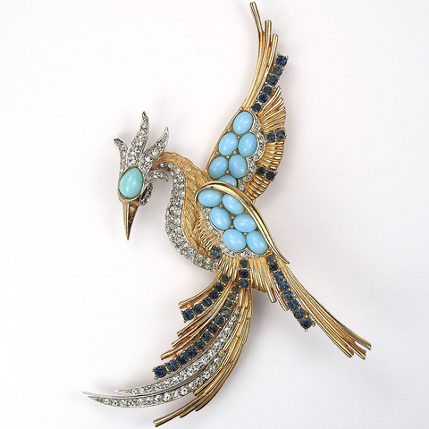 Boucher Gold Pave Sapphire and Turquoise Cabochons Bird of Paradise Pin