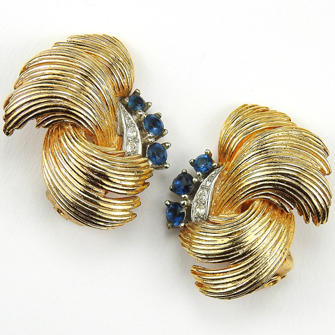 Boucher Gold Swirls and Sapphire Spangles Clip Earrings