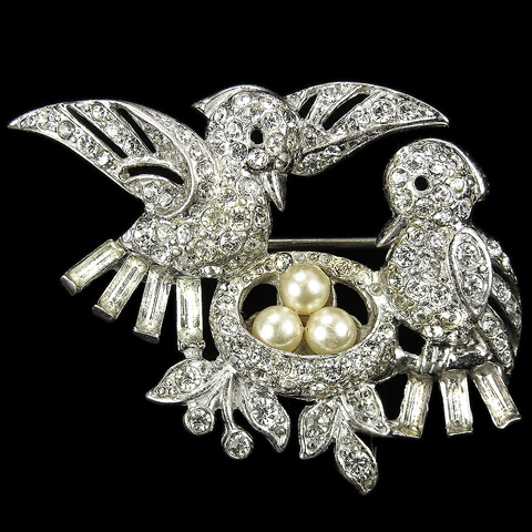 MB Boucher Pair of Pave Birds on Nest with Pearl Eggs Pin