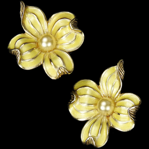 MB Boucher Gold Yellow Metallic Enamel and Pearls Dogwood Flowers Clip Earrings