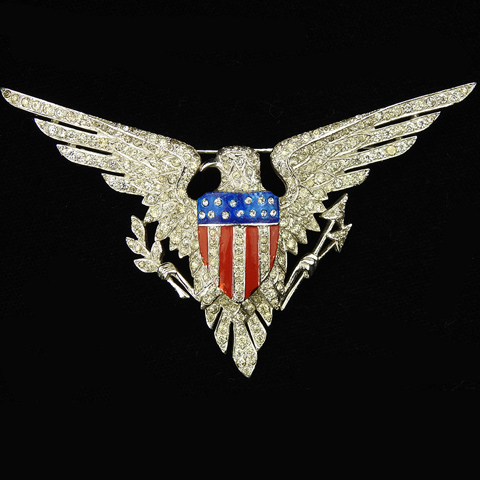MB Boucher WW2 US Patriotic Pave Eagle and Arrows with Metallic Enamel Stars and Stripes Shield Pin