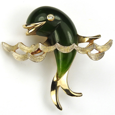 Boucher Smiling Jade Dolphin in Golden Waves Pin