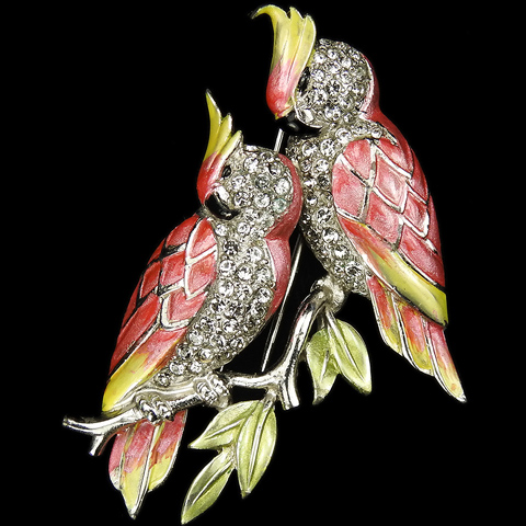 MB Boucher Pair of Red and Yellow Metallic Enamel Cockatiel Lovebirds on a Branch Bird Pin Clip