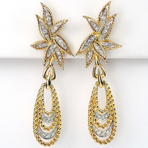 Boucher Gold Braids and Pave Leaves Pendant Wreaths Clip Earrings