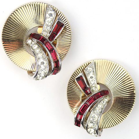 Boucher (for Ciro) Gold Sunburst Circles and Pave and Invisibly Set Ruby Bow Swirls Clip Earrings