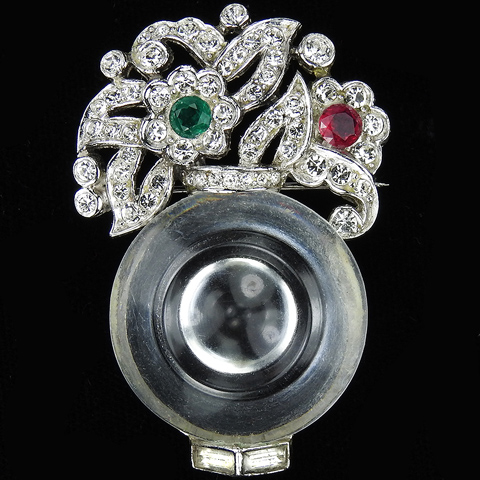 MB Boucher Pave Emerald and Ruby Flowers in a Lucite Circular Vase Jelly Belly Flower Basket Pin