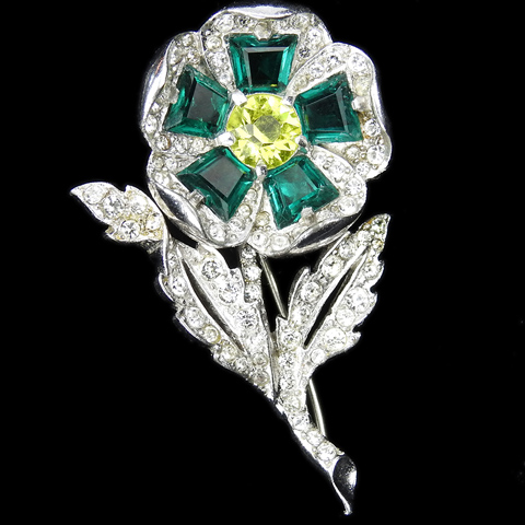 MB Boucher Pave Leaves and Kite Shaped Emerald and Peridot Flower Pin