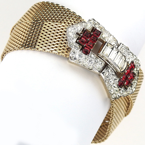 Boucher Crossed Gold Braids with Pave Baguettes and Invisibly Set Ruby Buckles Bracelet