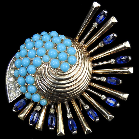 MB Boucher Sterling Gold Pave Sapphire and Turquoise Cabochons Starburst Swirl Pin Clip