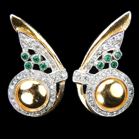 MB Boucher Gold Pave and Emeralds Circle and Swirl Screwback Earrings