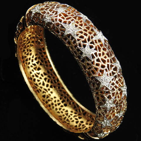 Boucher Gold Openwork and Pave Stars Bangle Bracelet