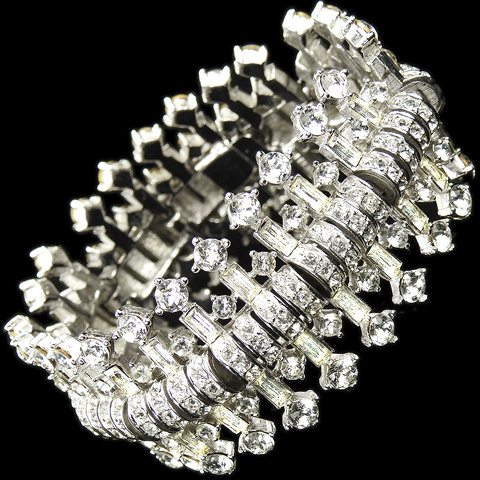 Boucher Diamante Pave and Baguettes Fishbone Pattern Wide Multiple Link Bracelet