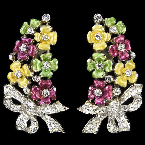 MB Boucher Pave Bows and Pastel Metallic Enamel Flowers Screwback Clip Earrings
