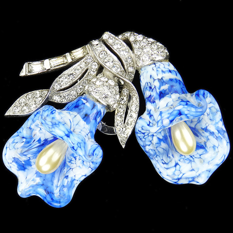 MB Boucher 'Premiere Fleur' Pave Baguettes and Poured Glass and Pearl Flowers Dress Clip