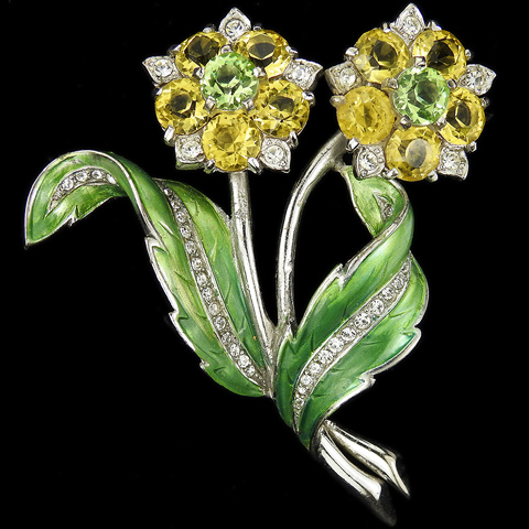 MB Boucher Metallic Enamel Leaves Citrine and Peridot Double Flower Floral Spray Pin