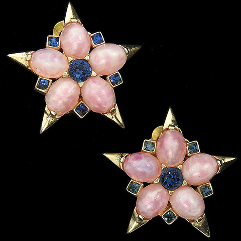 Boucher Gold Sapphire and Pink Quartz Cabochons Five Pointed Pentangle Star Clip Earrings
