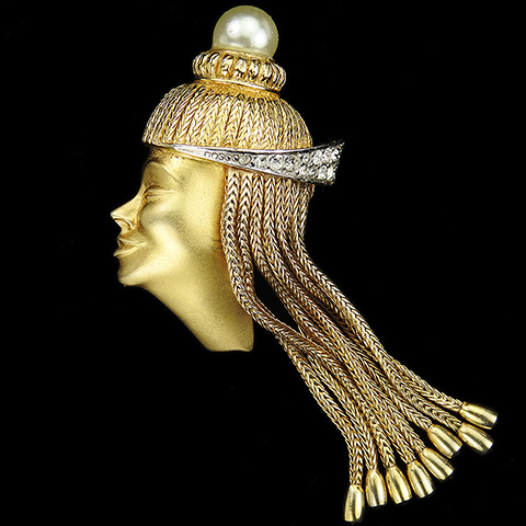 Boucher Gold Pave Pearl and Pendant Gold Braids Oriental Man in Helmet with Long Hair Pin Clip