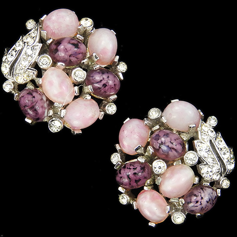 MB Boucher Amethyst and Pink Quartz Cabochons Circular Flowers and Fruit Clip Earrings