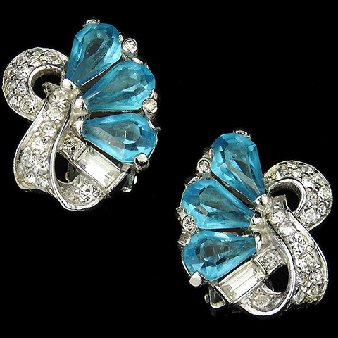 Boucher Pave and Baguettes Bow Swirl with Teardrop Aquamarines Clip Earrings