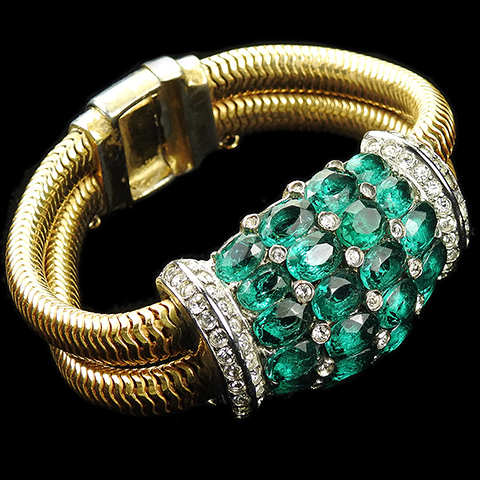 Boucher Pave and Emerald Cluster with Double Gold Gaspipes Bracelet