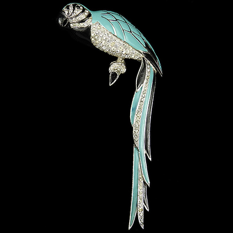 MB Boucher Pave and Turquoise Blue and Black Enamel Giant Perching Parrot Pin
