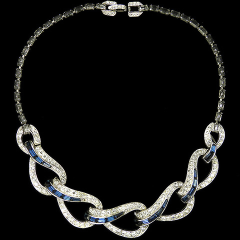 Boucher Pave Black Diamond and Sapphire Baguettes Linked Bow Swirls Necklace