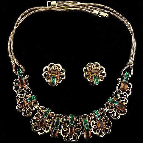 MB Boucher Gold Citrine and Invisibly Set Emerald Oriental Swirls Choker Necklace and Clip Earrings Set