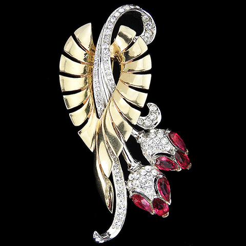 MB Boucher Gold and Pave Openwork Leaf Swirl with Double Ruby Flowers Pin