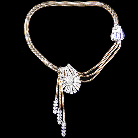MB Boucher Gold Gaspipes Necklace with Triple Pendant Tassels and Detachable Pave and Baguette Swirl Pin Clip
