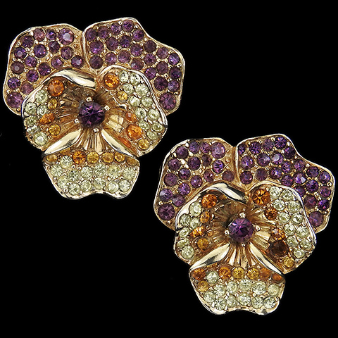 Boucher Gold Jonquil Topaz and Amethyst Pansy Flower Clip Earrings