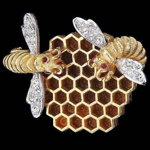 Boucher Gold and Pave Bees on a Honeycomb Hive Pin