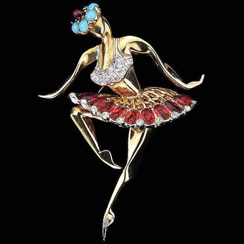 MB Boucher Gold Pave Turquoise and Ruby Garland Dancing Ballerina with Ruby Skirt Pin