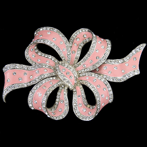 MB Boucher Pave Spangles and Pink Enamel Large Double Bowknot Bow Pin