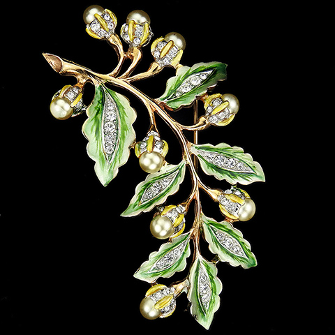 MB Boucher Gold Pave Metallic Enamel and Pearls Gooseberries or Berries on a Branch Pin