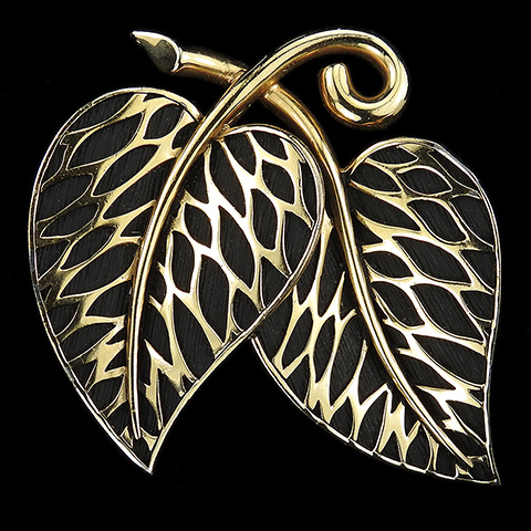 Boucher Gold and Black Enamel Intertwined Heart Shaped Leaves Valentines Pin