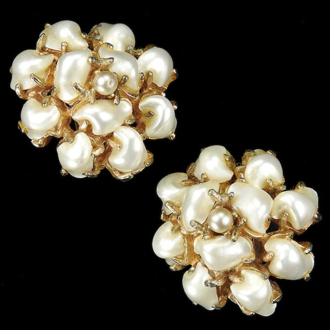 Boucher Babys Tooth Baroque Pearls Domed Cluster Button Clip Earrings