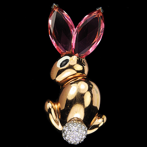 MB Boucher Gold Pave Enamel and Faceted Pink Topaz Ears 'Funny Bunny' Shy Rabbit Pin Clip