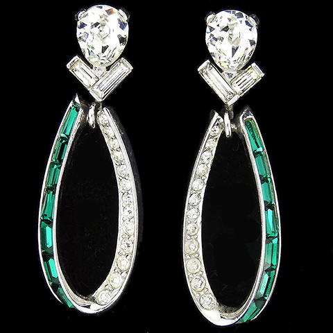 Boucher Pave and Emerald Baguettes Pendant Loops Screwback Earrings