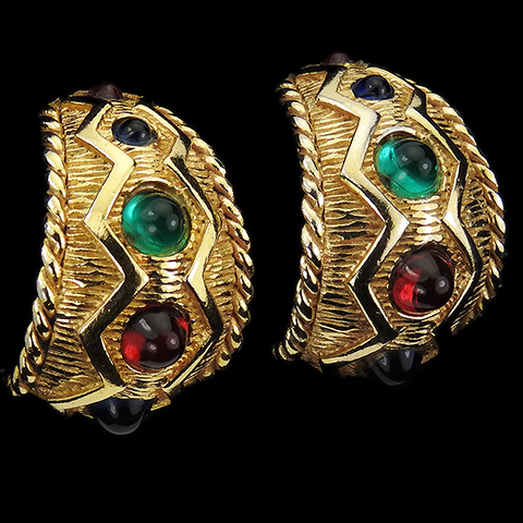 MB Boucher Serrated Gold and Multicoloured Cabochons Crescent Clip Earrings