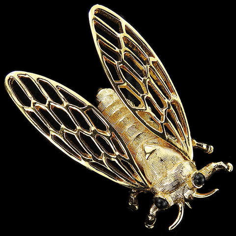Boucher Gold and Onyx Cabochons Openwork Cicada Bug Pin