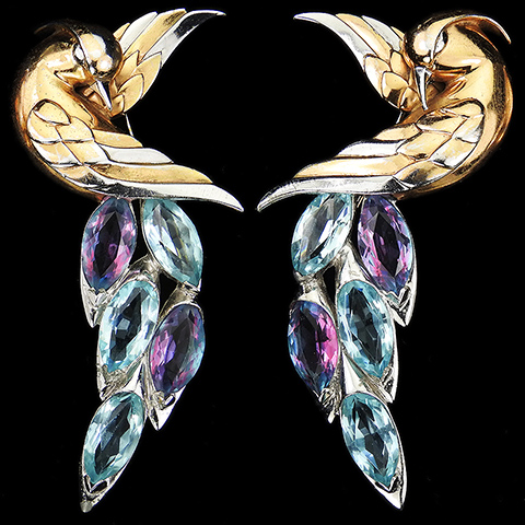 MB Boucher Gold and Silver Matched Pair of Giant Birds of Paradise with Openwork Aquamarine and Alexandrite Tails Pins