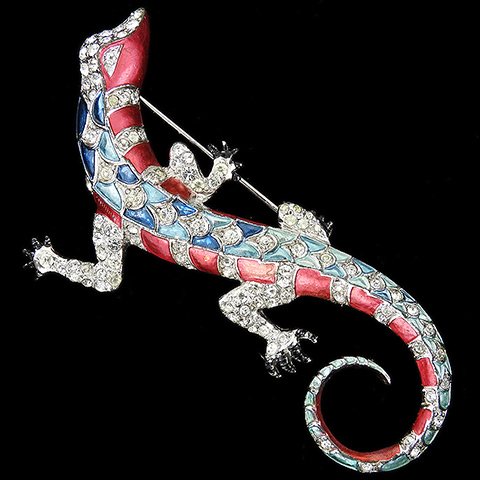 MB Boucher US Patriotic Pave Red White and Blue Metallic Enamel Lizard Pin